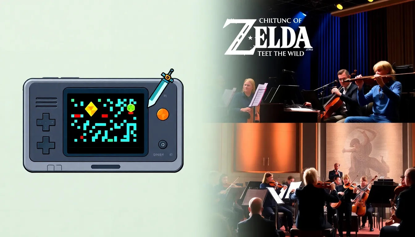 collage depicting the evolution of Zelda music from chiptune to orchestral scores.