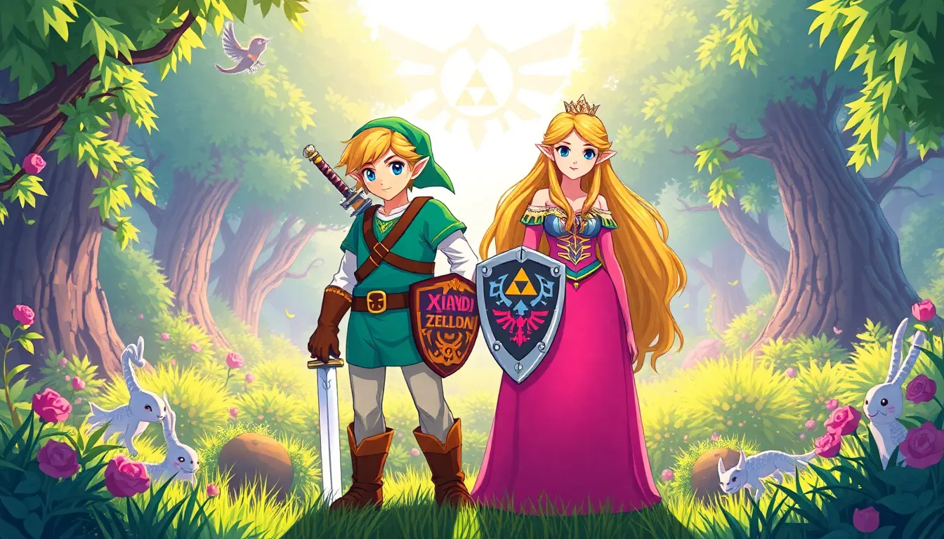 Link and Princess Zelda in a vibrant fantasy forest setting.