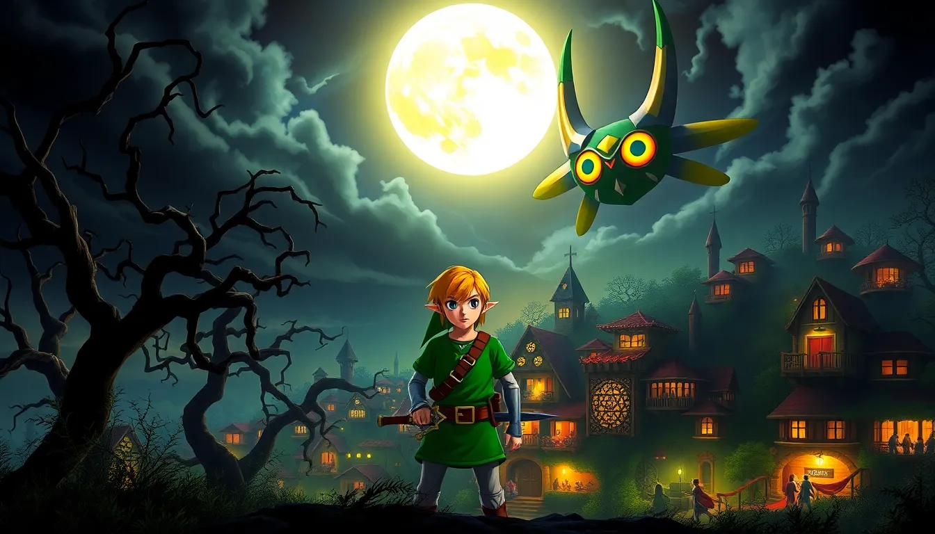 Link in a dark landscape of Majora's Mask under a looming moon.