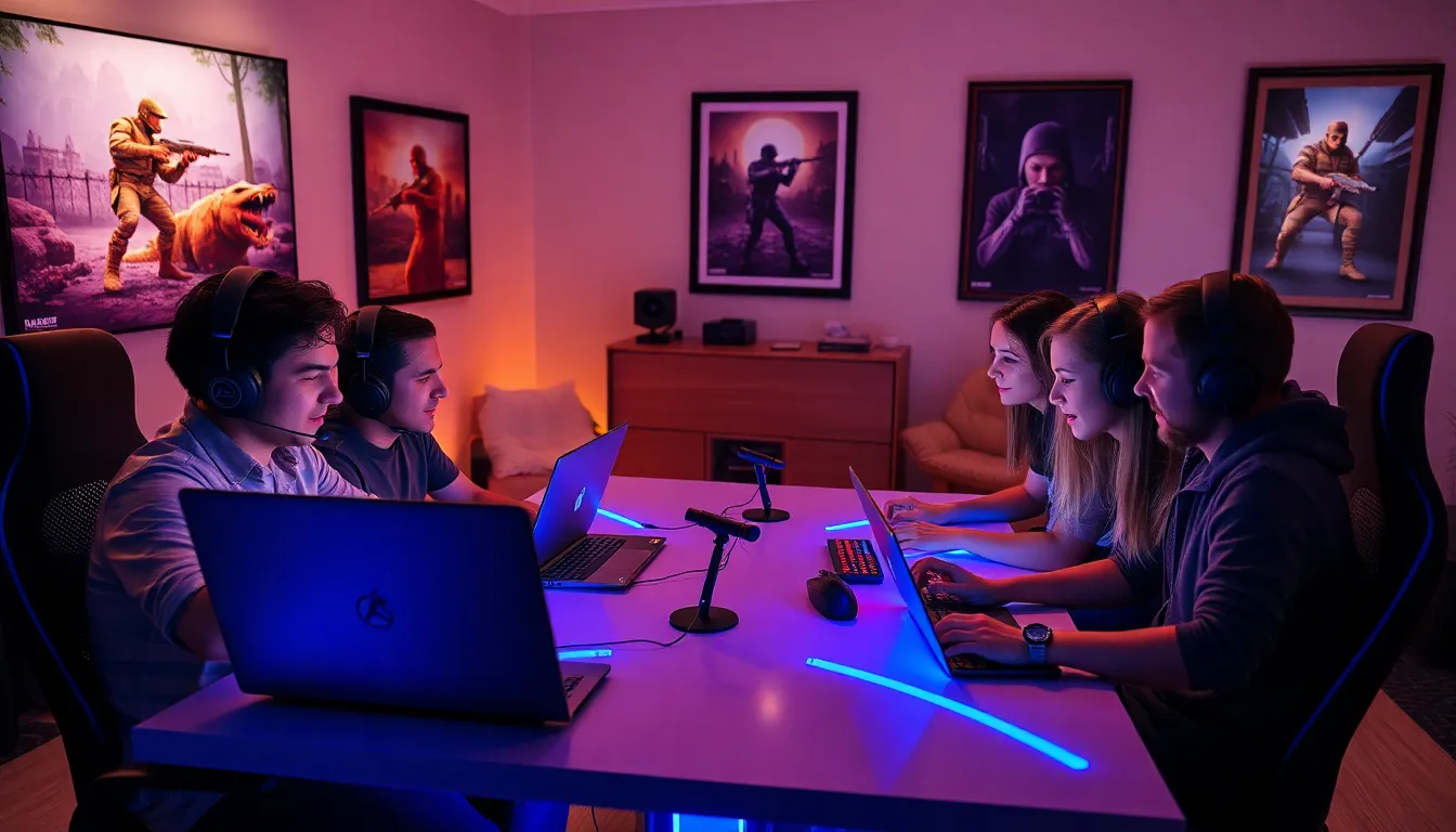 diverse group of gamers playing Counter-Strike: Source in a modern room.