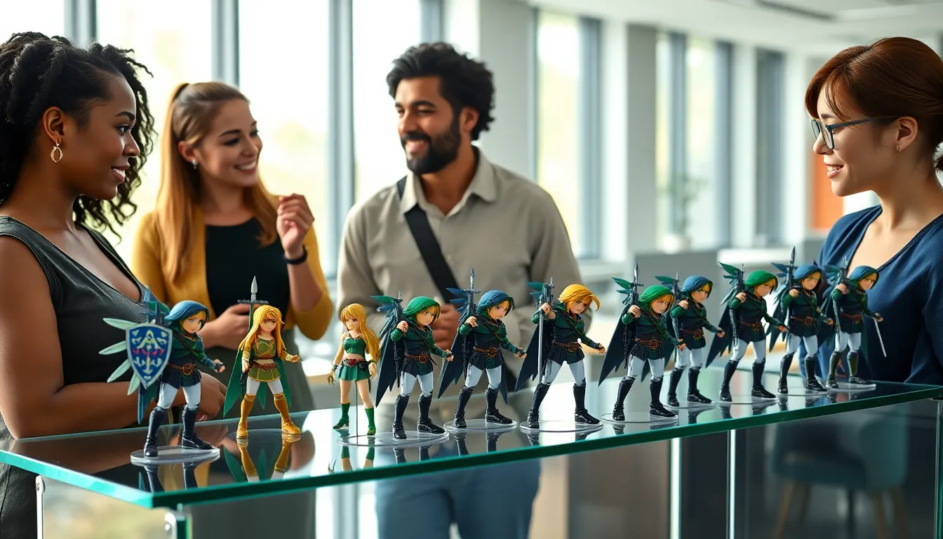 diverse collectors discussing Zelda Figma figures in a modern workspace.