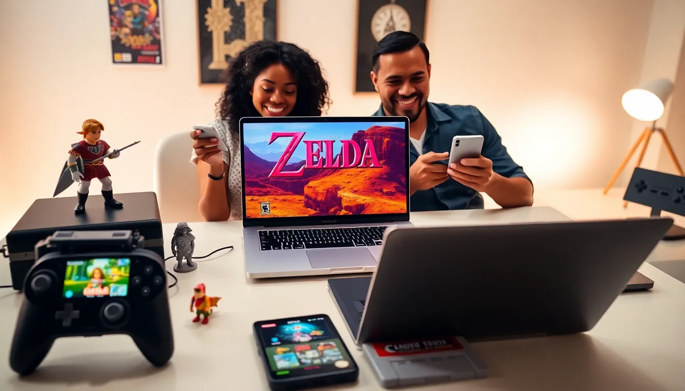 Modern laptop showcasing a classic Zelda game with gaming memorabilia.