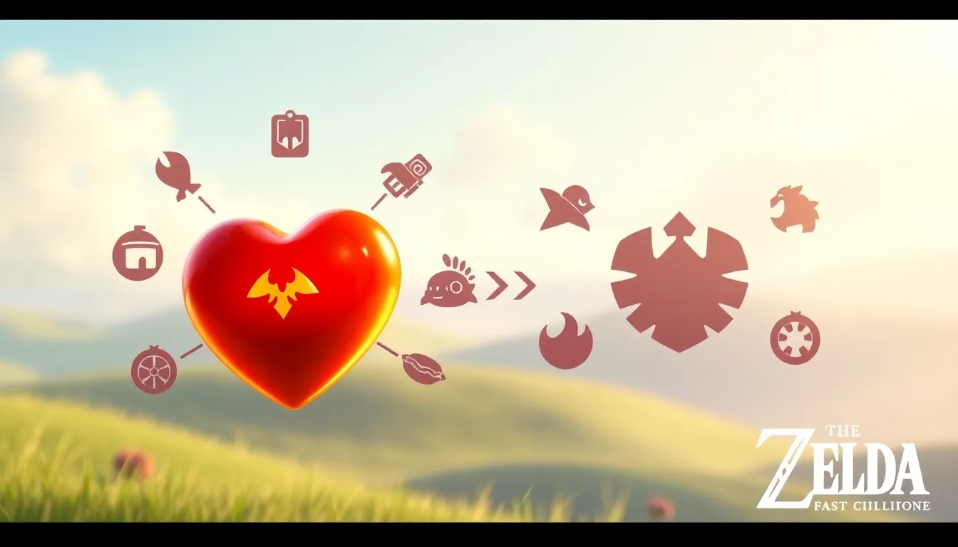 A glowing Heart Container from Zelda with fantasy elements in the background.