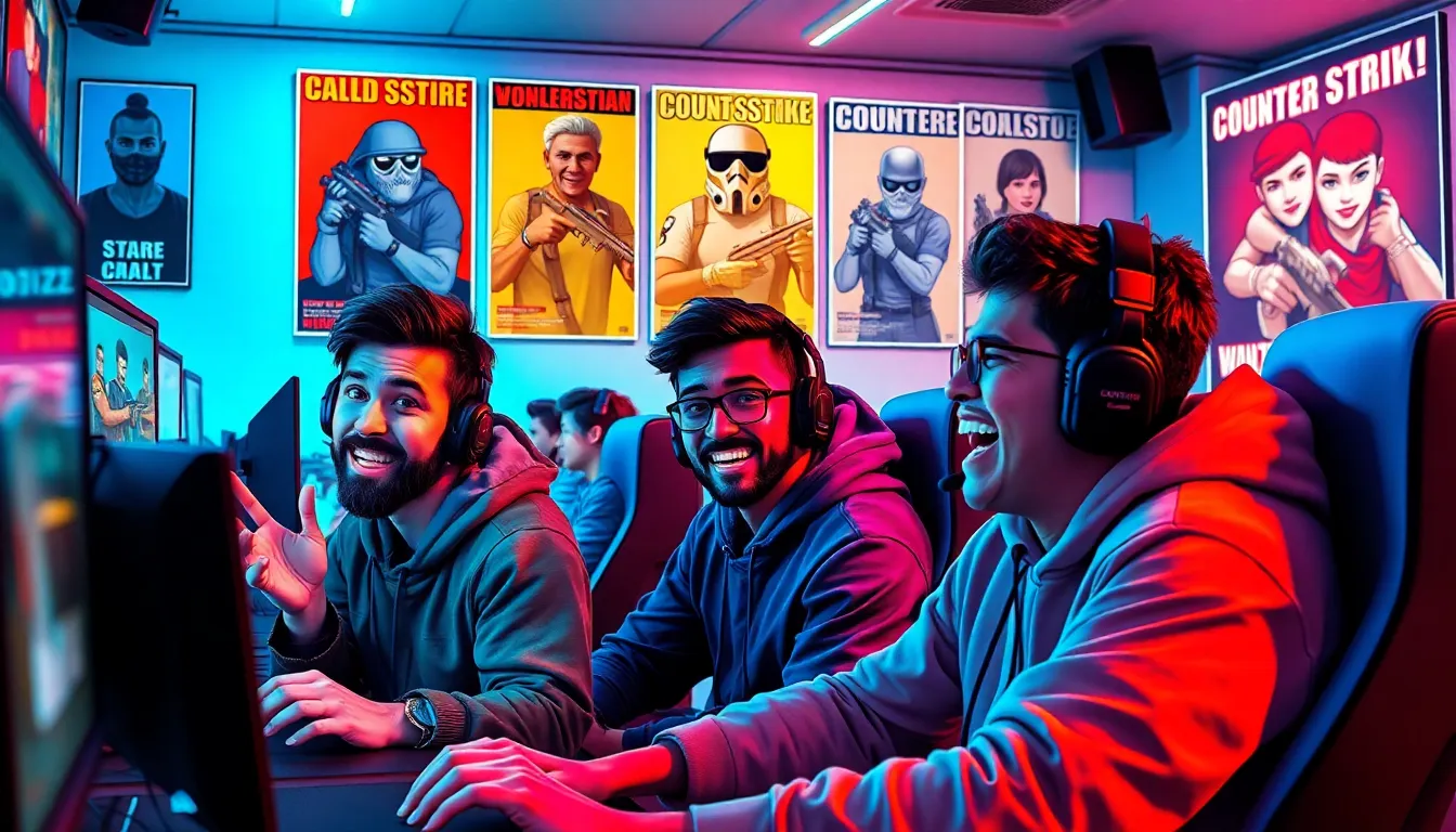 gamers humorously reacting in a vibrant Counter Strike gaming room.